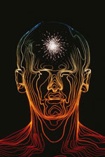 Una ilustración del rostro de una persona, hecho con líneas, sobre un fondo negro, con una chispa al interior de su mente, representando la voluntad.