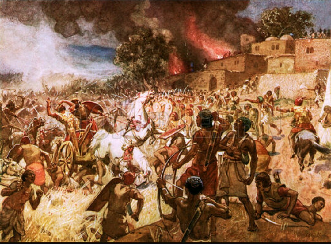 Fotografía de una pintura  de Israel en batalla, se presenta la muerte del rey Josías.