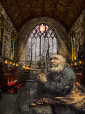 Pintura de un hombre implorando perdón, mirando al cielo, mientras está dentro de una capilla